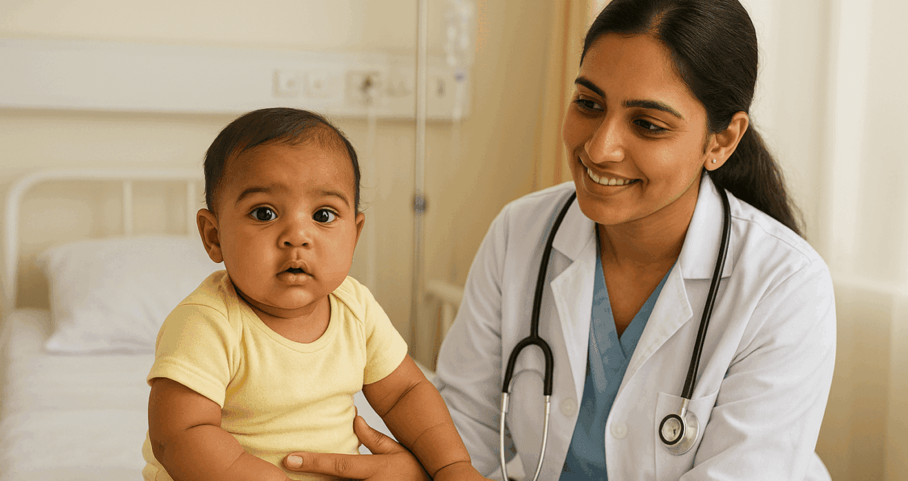 Woman doctor holding a baby while explaining monsoon care tips for infants