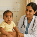 Woman doctor holding a baby while explaining monsoon care tips for infants
