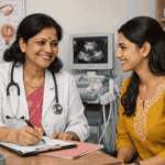 Doctor smiling while advising a patient during a gynaecology consultation in Chennai