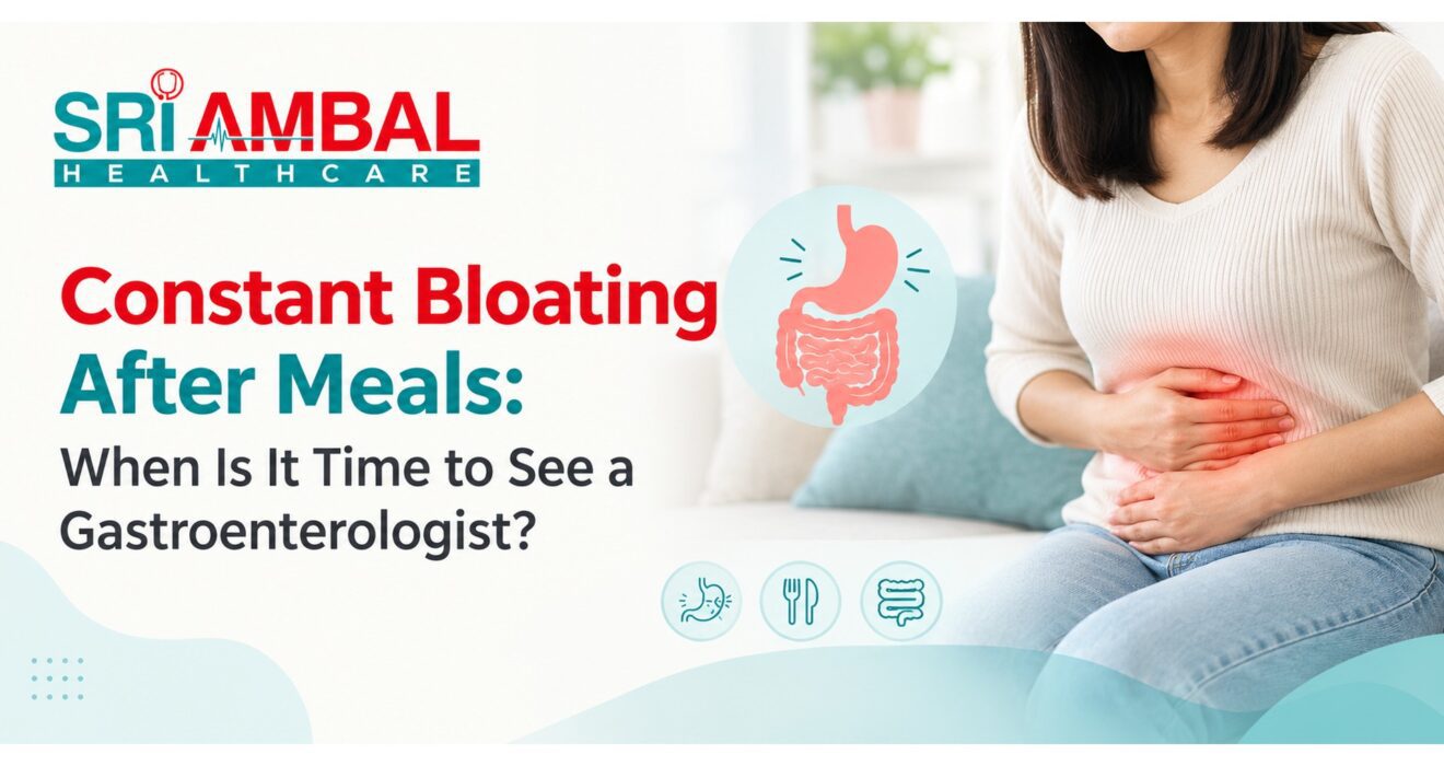 Woman experiencing abdominal bloating after meals with a digestive system illustration.