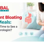 Woman experiencing abdominal bloating after meals with a digestive system illustration.