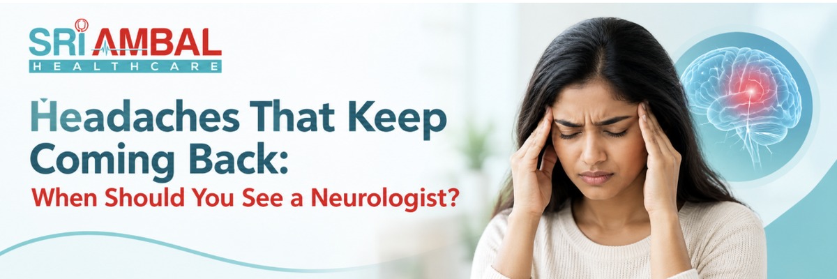 Woman experiencing recurring headaches with a brain pain illustration